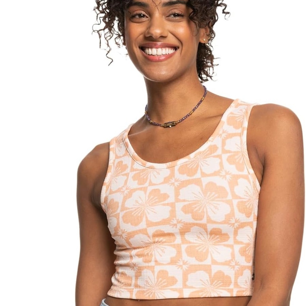 Roxy Peach Floral Ribbed Crop Tank Top